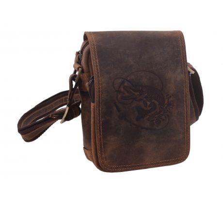 Pánske kožené crossbody tmavohnedý hunter embos šťuka s udicou 250591